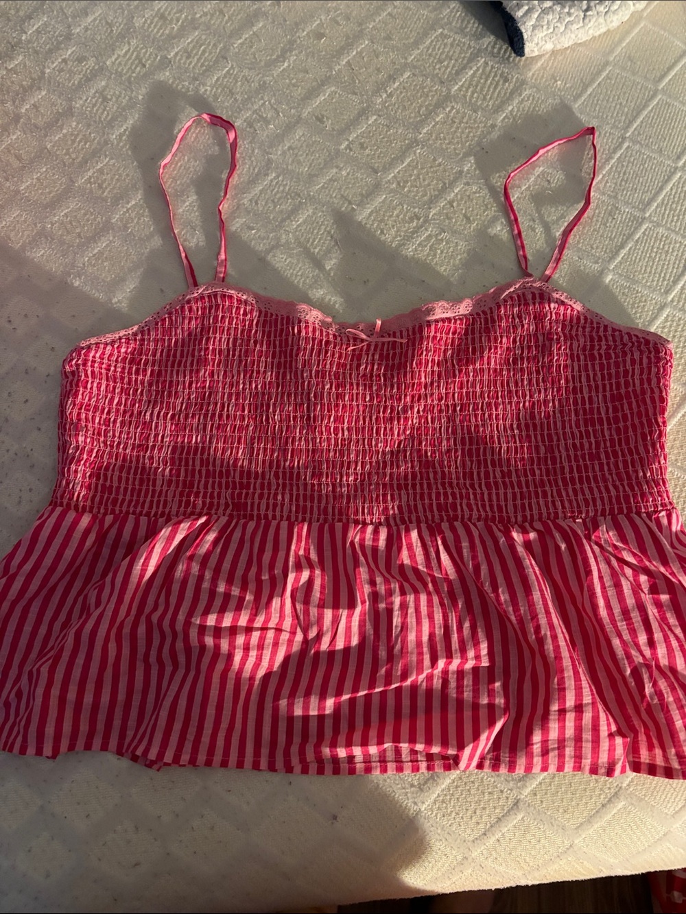 No Boundaries Hot Pink Striped Smocked Peplum Tank